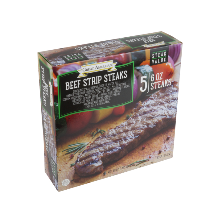 Frozen Beef Strip Steaks 8/30 Oz Boxes