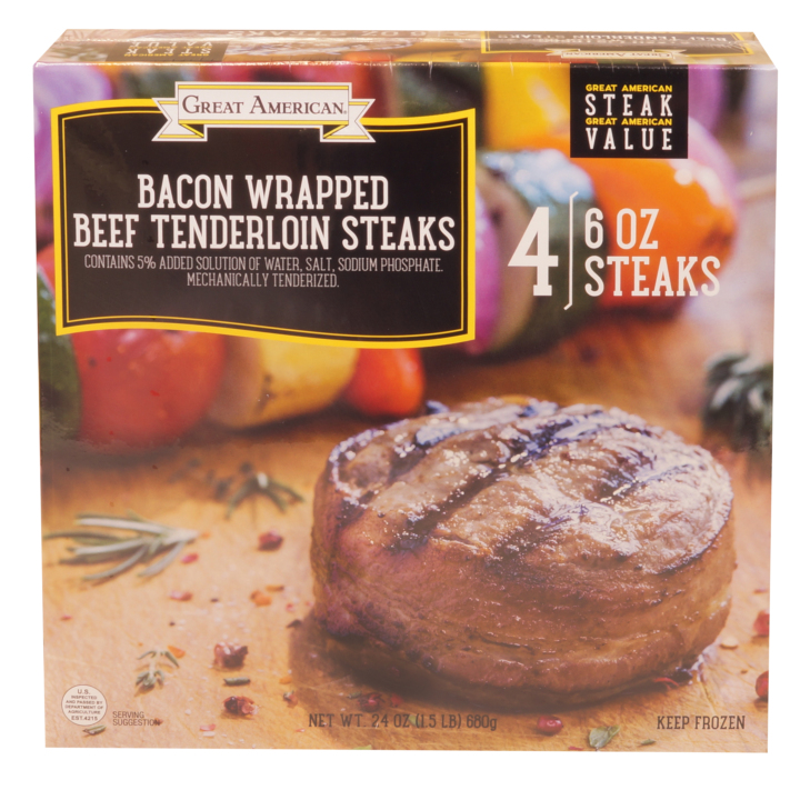 Great American Frozen Bacon Wrapped Beef Tenderloin Steaks 8/24 Oz Boxes