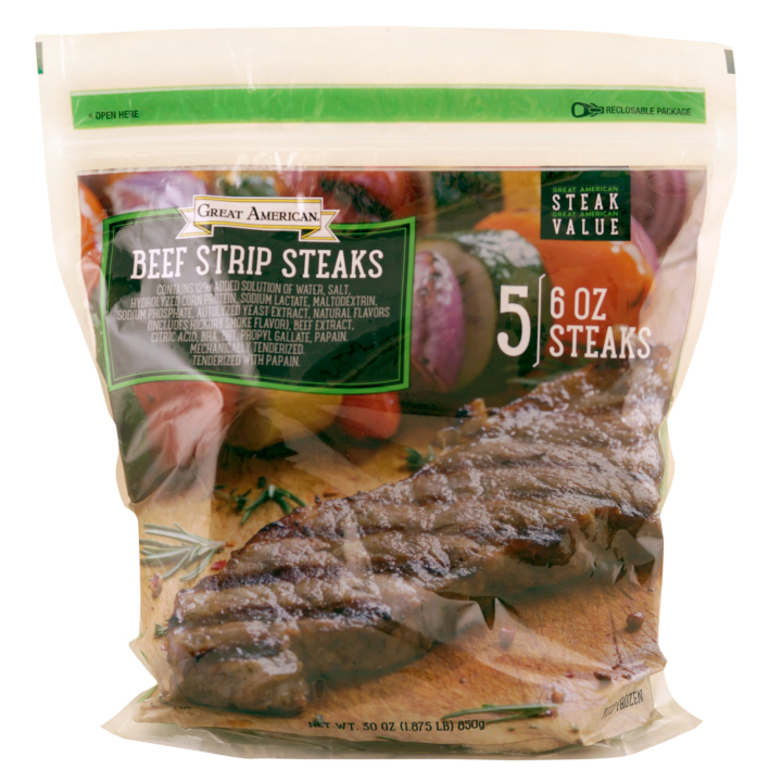 Frozen Beef Strip Steaks 10/30 Oz Bags