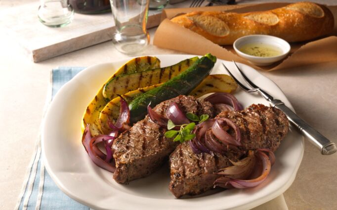 Beef Strip Steaks with Grilled Onion Relish
