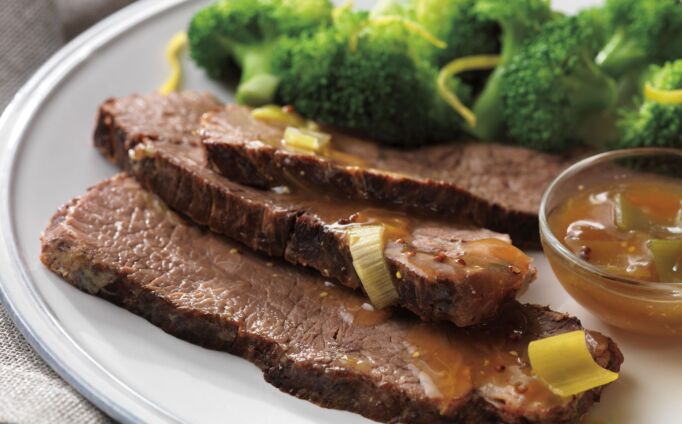 Braised Beef Pot Roast with Leek-Mustard Au Jus