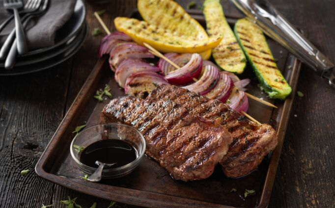 Beef Strip Steaks with Balsamic Grilled Vegetables